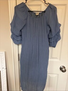 Dusty Blue Tiered Puff Sleeve Midi Dress
